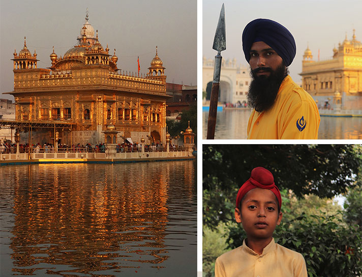 Photo 1 : Goldener Tempel - Amritsar – Höchstes Heiligtum der Sikhs / Photo 2 : Sikh-Wächter des Goldenen Tempels / Photo 3 : Junger Sikh vor dem Übergang ins Erwachsenenalter